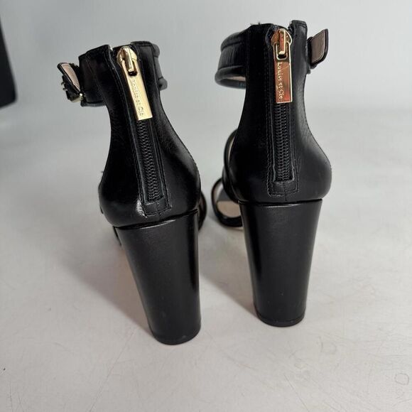Louise Et Cie Leather Sandals Heels Black Sz 9.5 Peep Toe - Picture 3 of 8